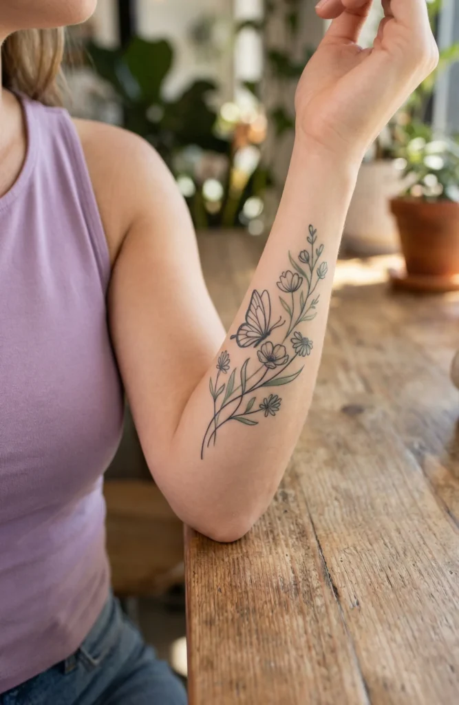  Butterfly with Botanical Line Art Flowers