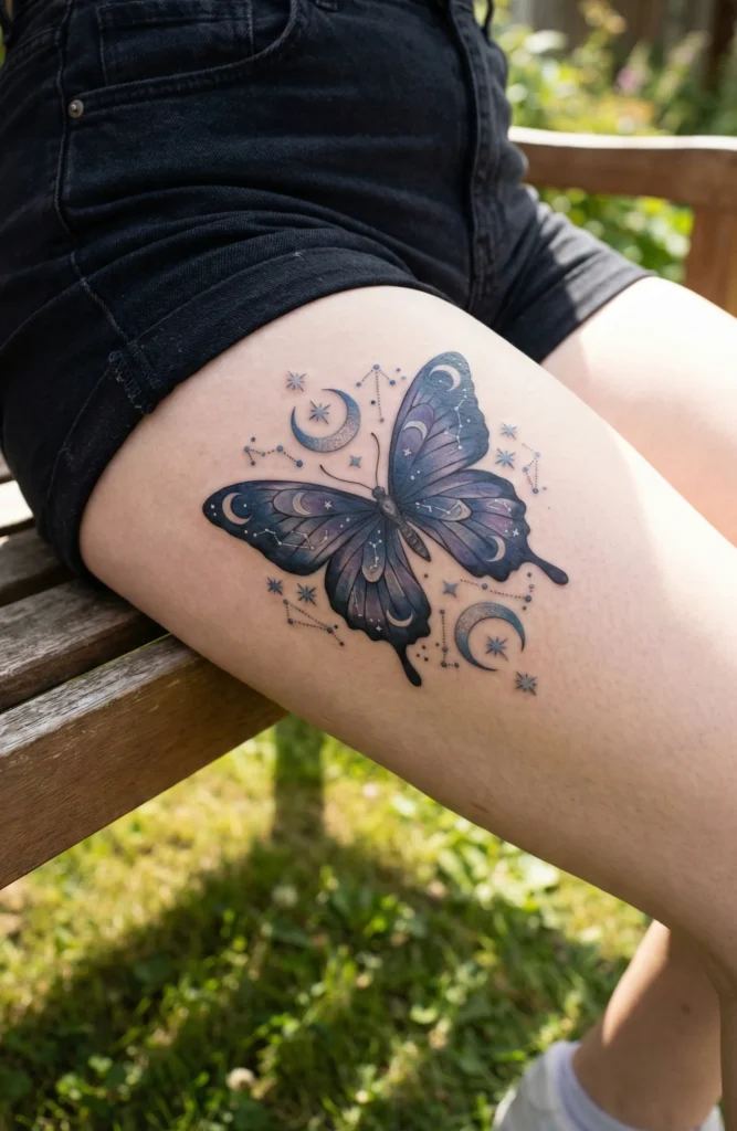 Butterfly with Celestial Accents Thigh Tattoo