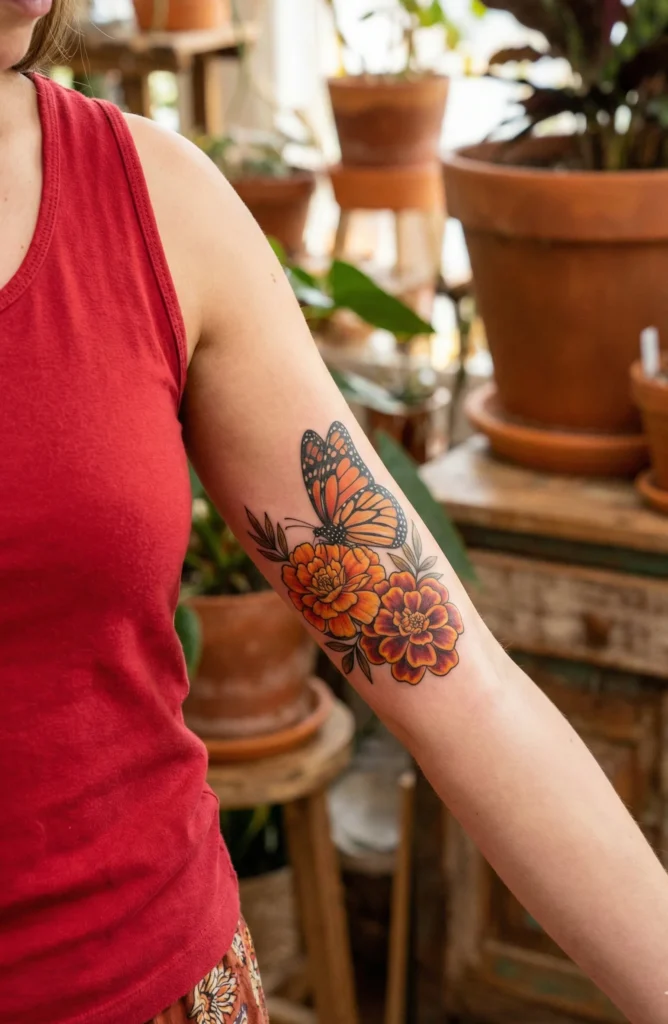 Butterfly with Marigold Blooms