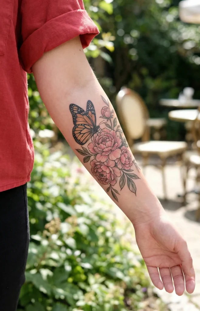 Butterfly with Peony Blooms