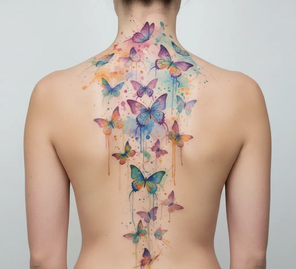 Cascading Watercolor Butterfly Tattoos On Back