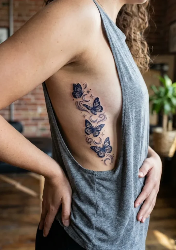 Celestial Butterfly Rib Tattoos (Stars & Moon)