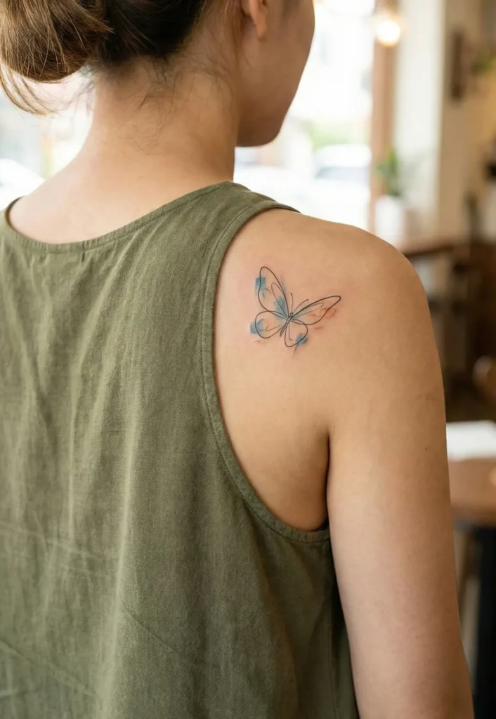 Floating Minimal Butterfly Tattoo Across Shoulder