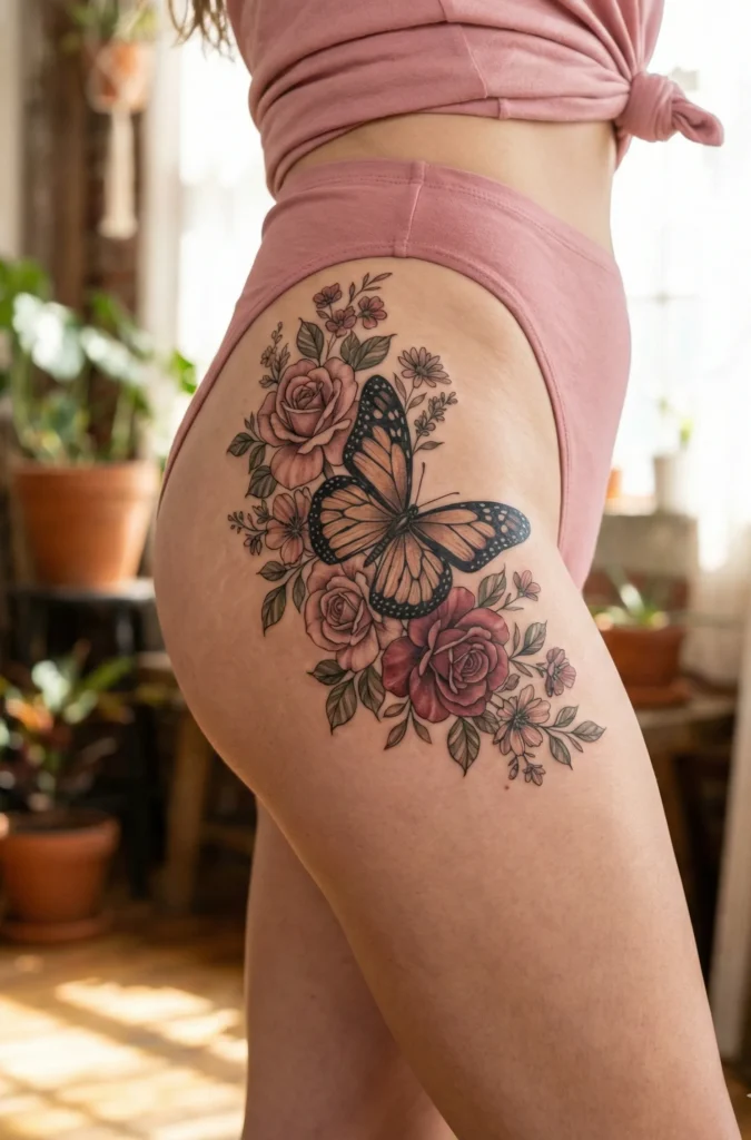 Floral Butterfly Hip Tattoo