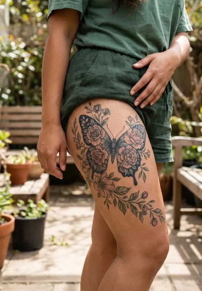 floral Butterfly Thigh Tattoo