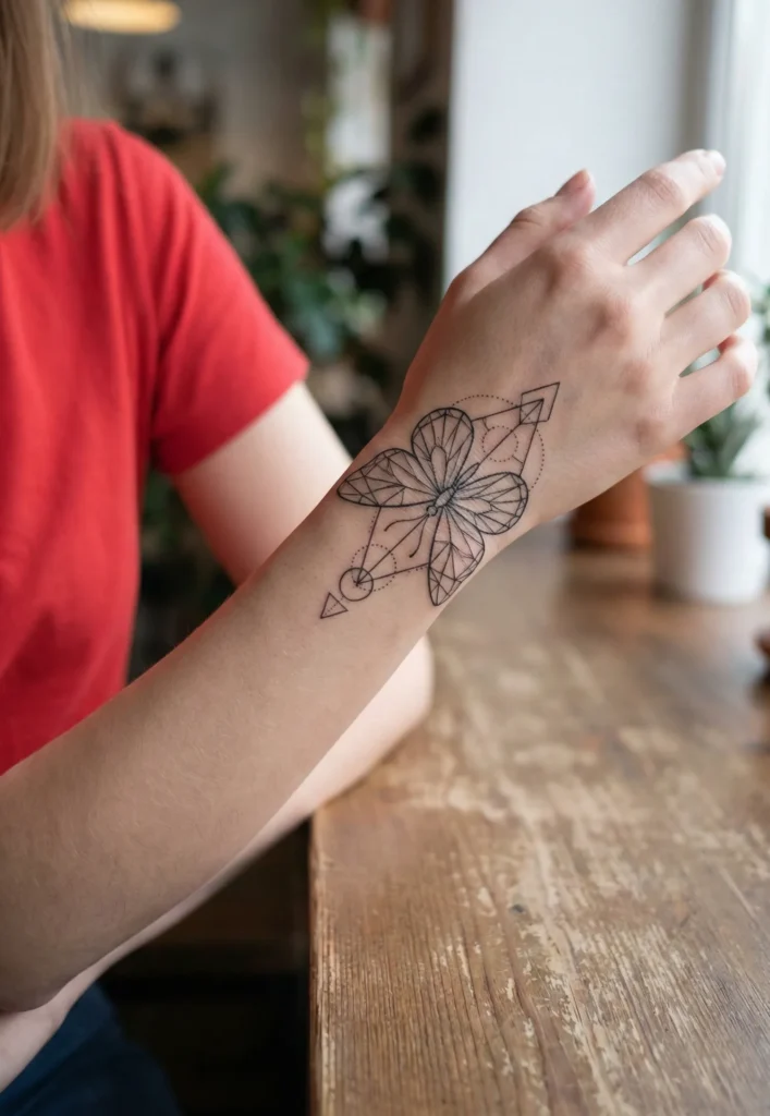 Geometric Butterfly Tattoo with Fine Line Detailing