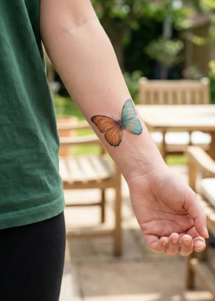 Gradient Wing Butterfly Wrist Tattoo