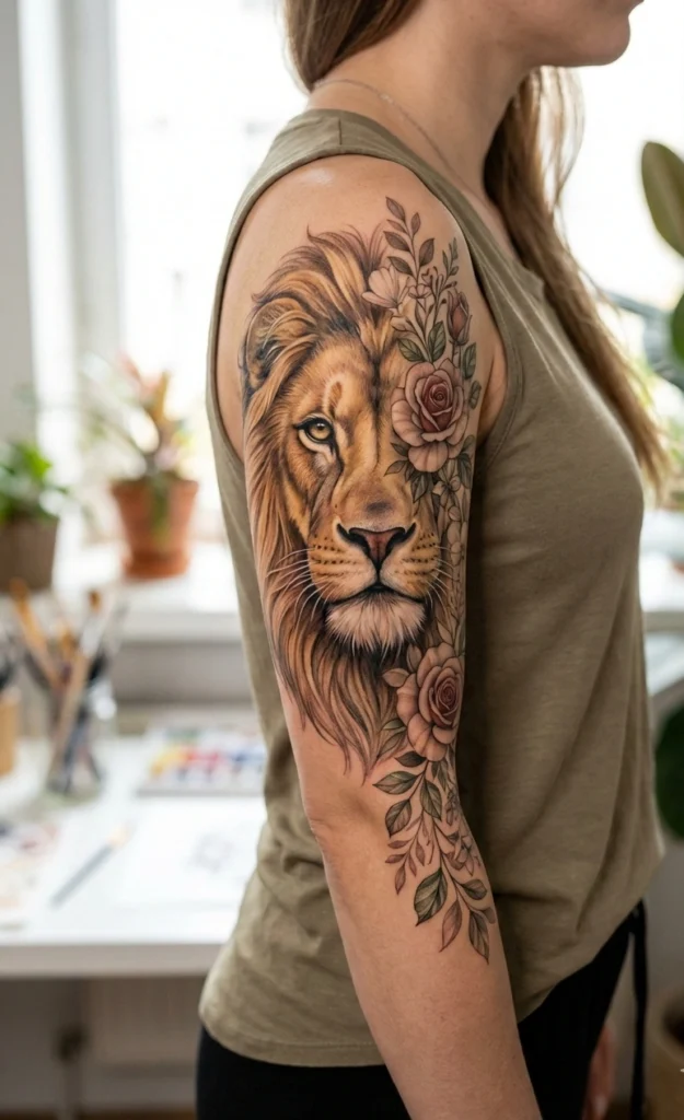 Half Lion Face Tattoo