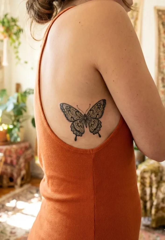Lace-Patterned Butterfly Rib Tattoos