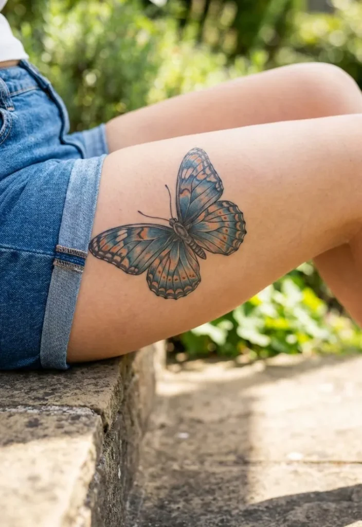 Large Butterfly Thigh Tattoo