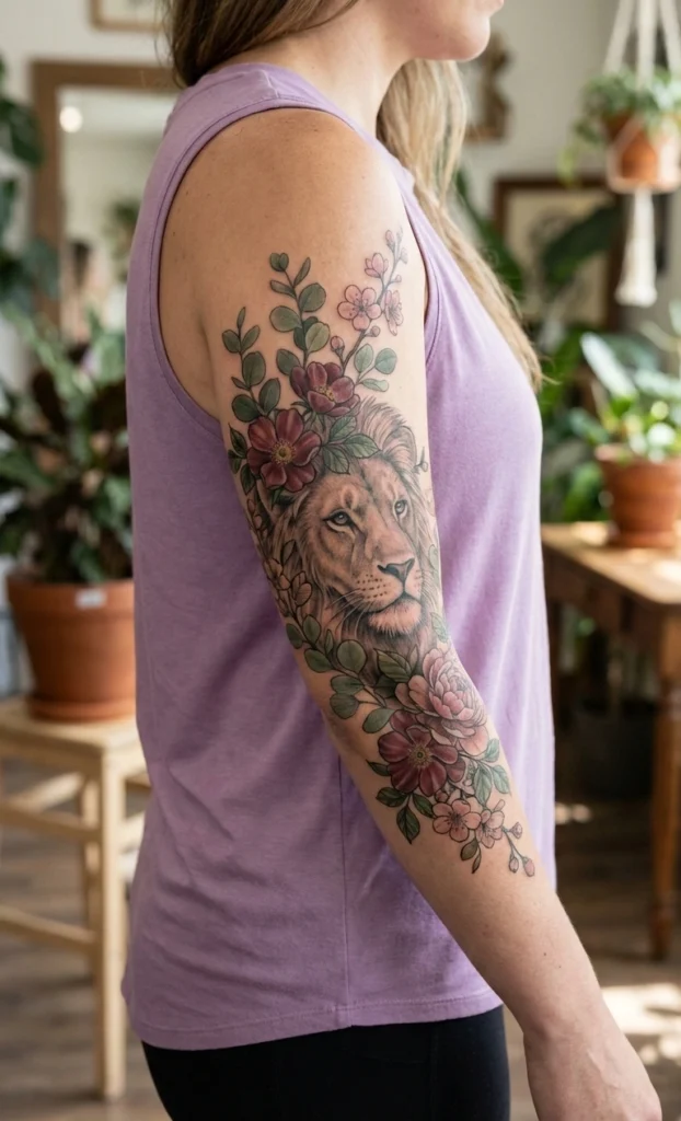 Lion with Flowers & Leaves