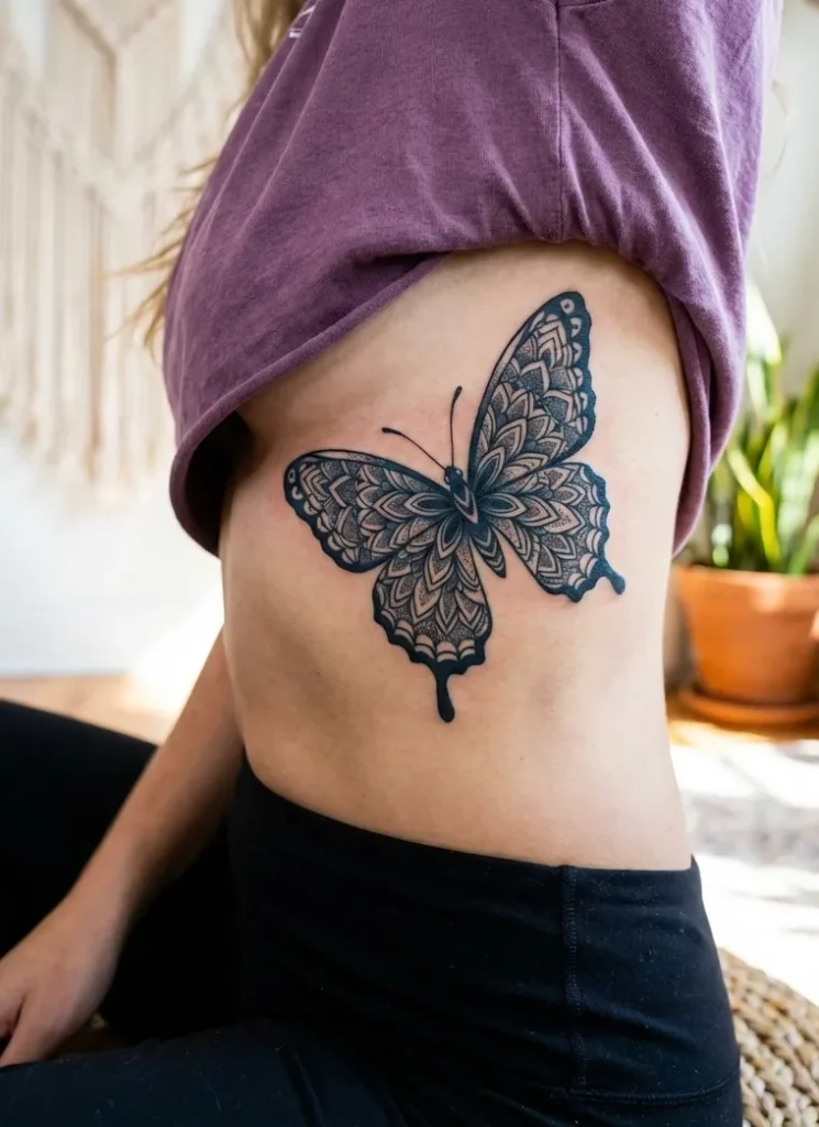 Mandala-Inspired Butterfly Rib Tattoos