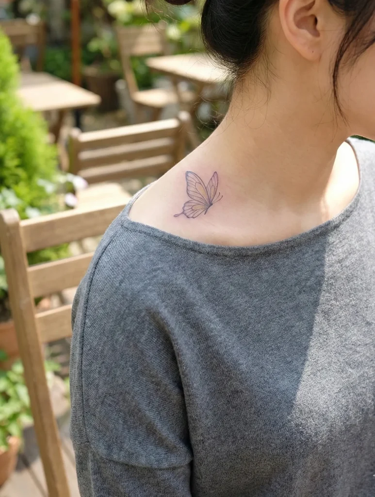 Minimal Butterfly Tattoo on Collarbone