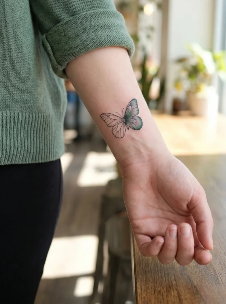 Minimal Butterfly Tattoo with One Wing Highlight