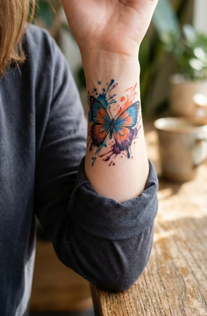 Multicolor Ink Splash Butterfly Wrist Tattoo