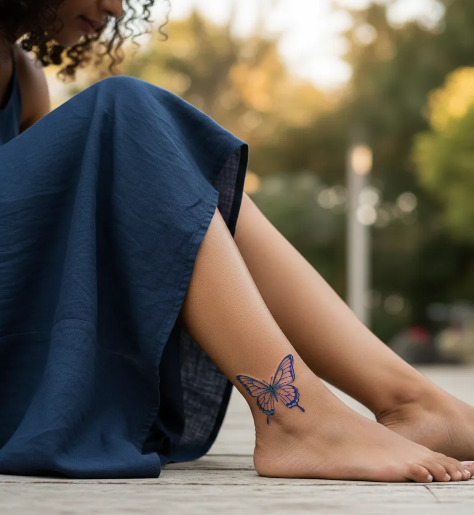 Outline Butterfly Ankle Tattoo