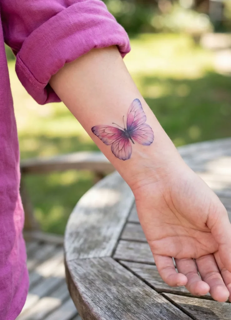 Purple and Pink Butterfly Wrist Tattoo