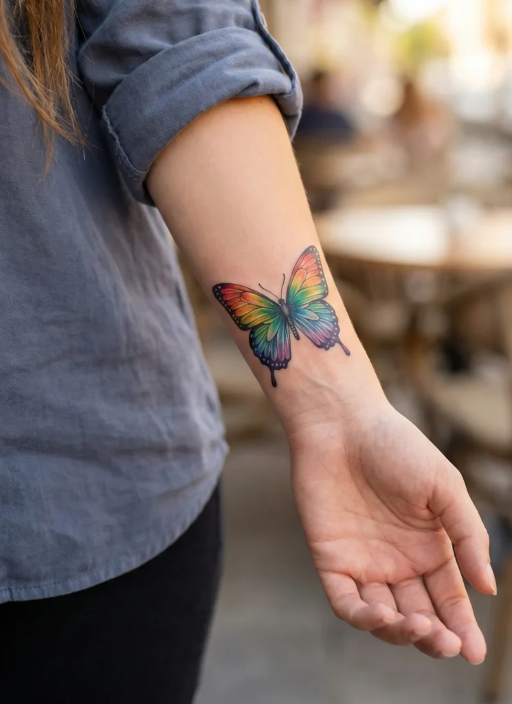Rainbow Butterfly Wrist Tattoo