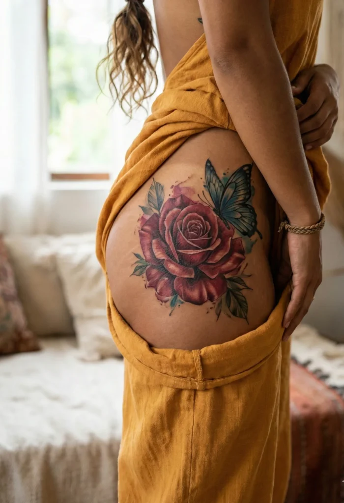 Rose Butterfly Hip Tattoo 