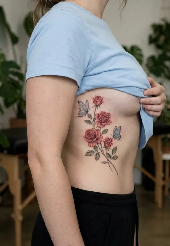 Rose Butterfly Rib Tattoos
