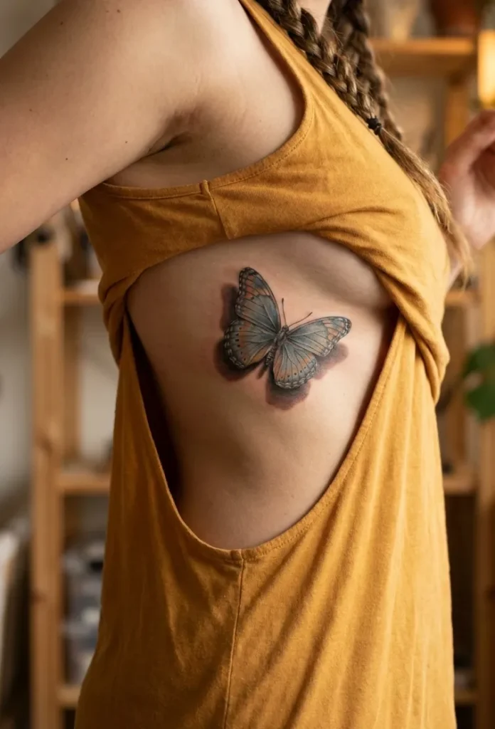 Shadowed Butterfly Rib Tattoos for Depth
