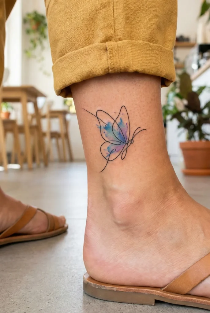 Single-Line Butterfly Ankle Tattoo