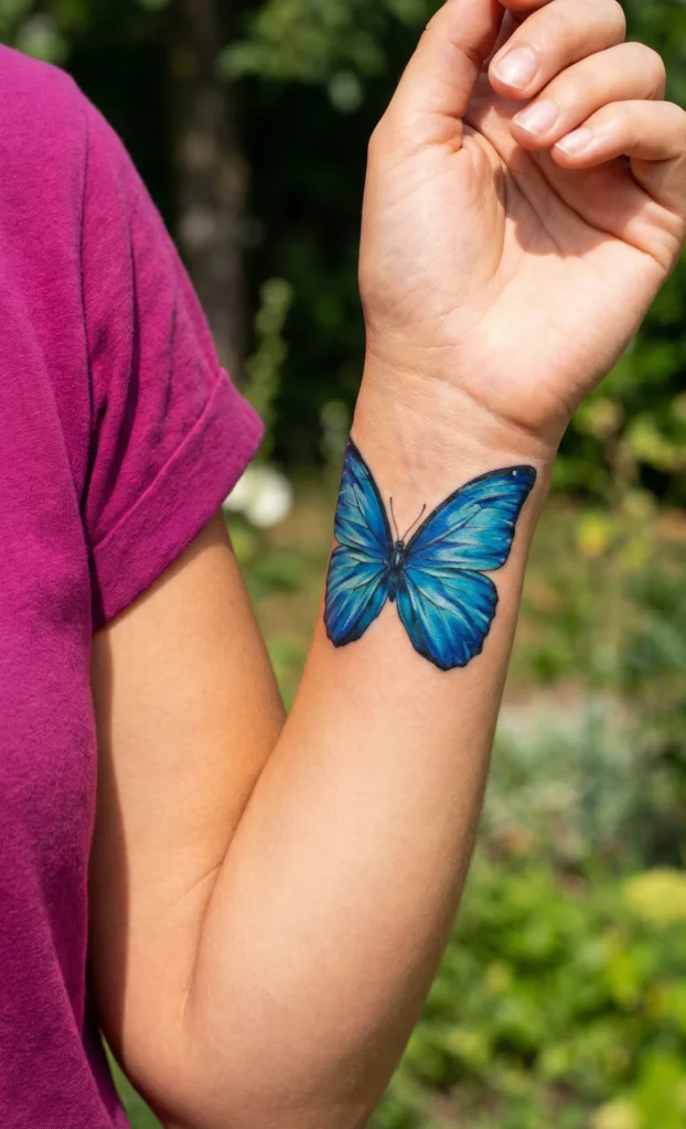 Vibrant Blue Butterfly Wrist Tattoo