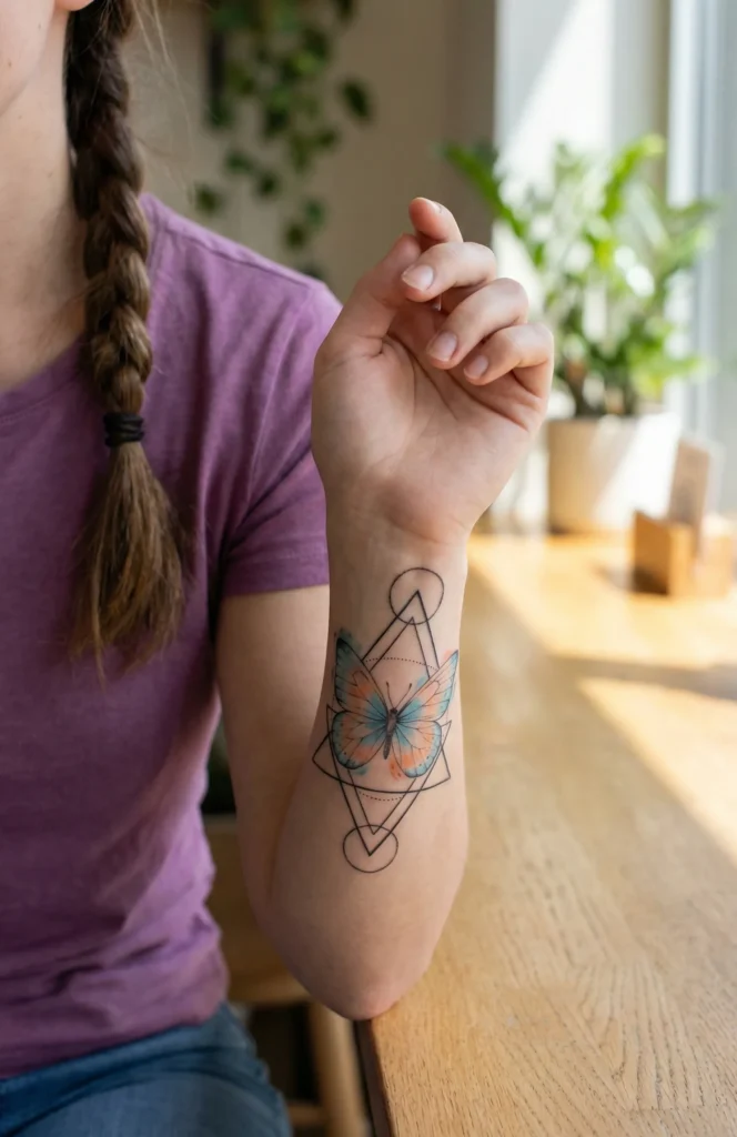 Watercolor Butterfly with Geometric Shapes