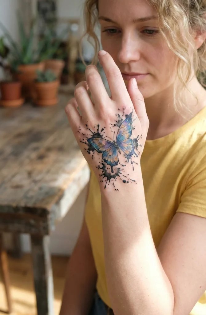 Watercolor Butterfly with Ink Splatter Background