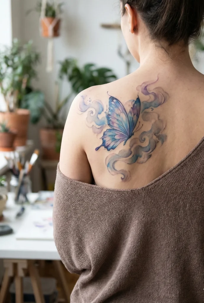 Watercolor Butterfly with Watercolor Clouds Background