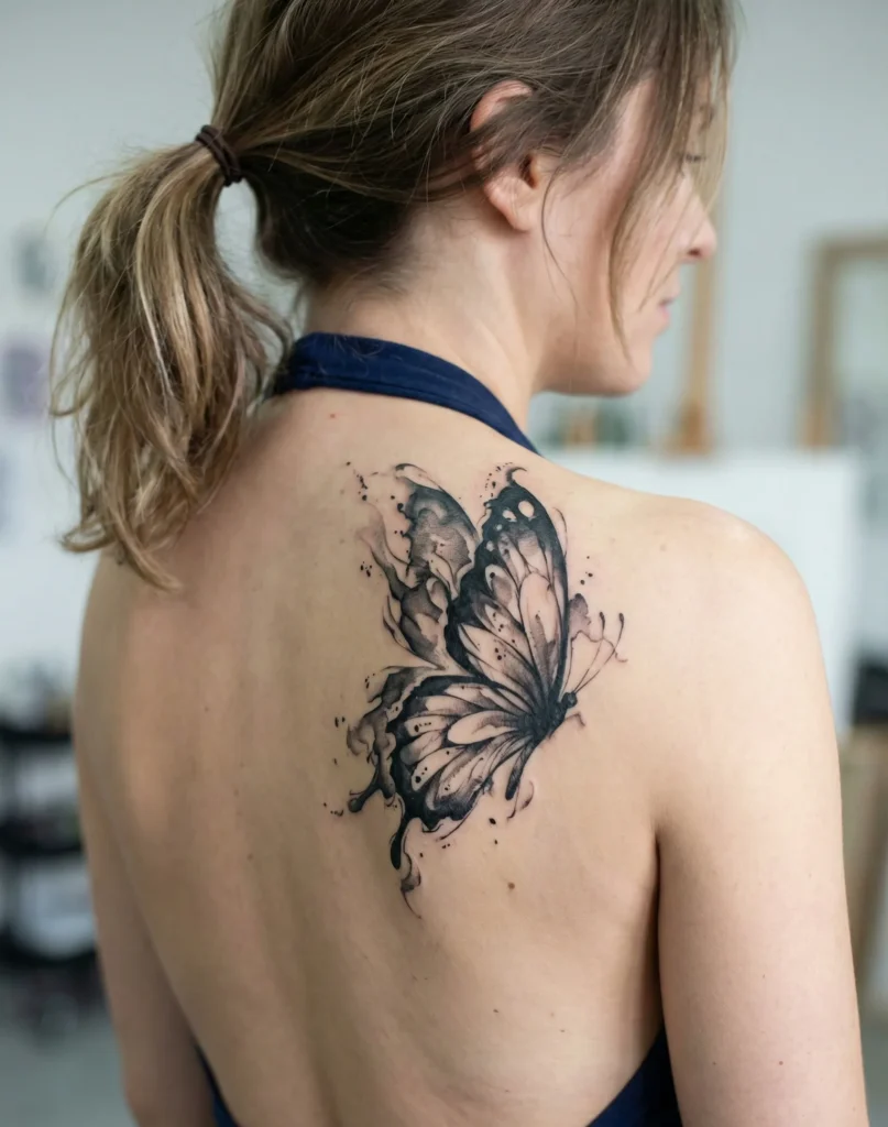Watercolor-Style Black Ink Butterfly