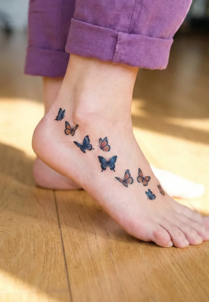 Butterfly Foot Tattoo Along Instep Line