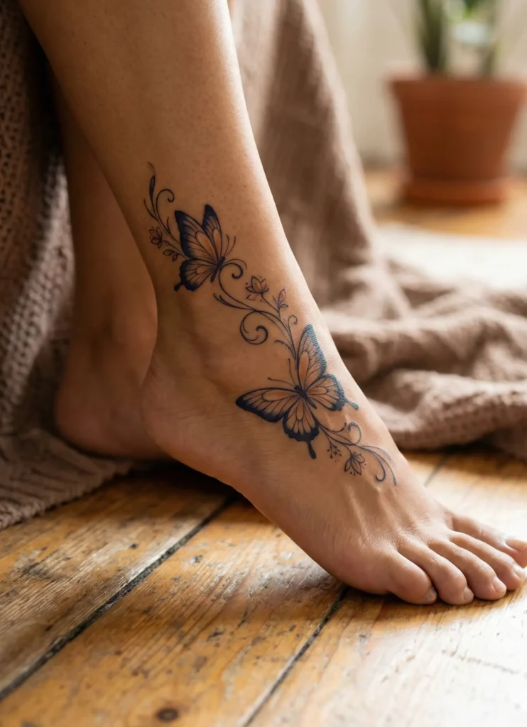 Butterfly Foot Tattoo Wrapping Around Ankle
