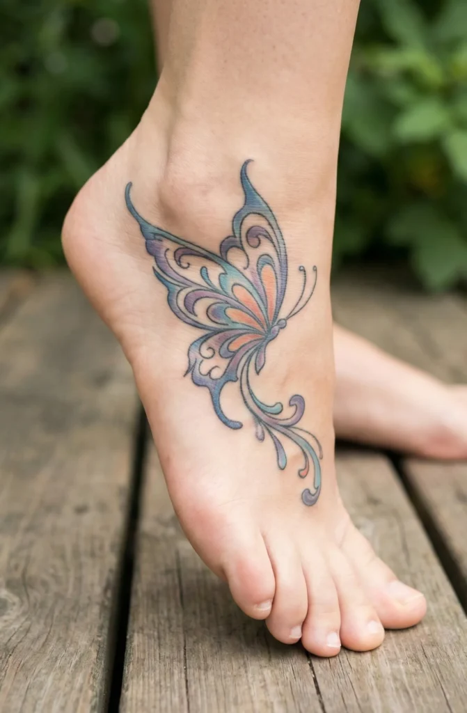 Butterfly Foot Tattoo with Artistic Composition