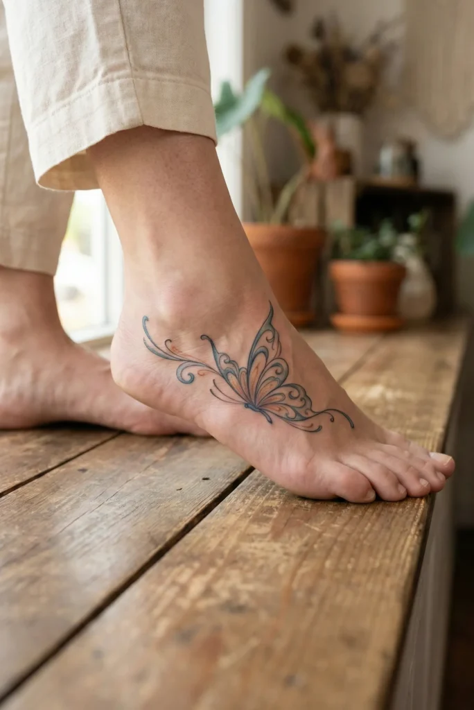 Butterfly Foot Tattoo with Curved Wing Flow
