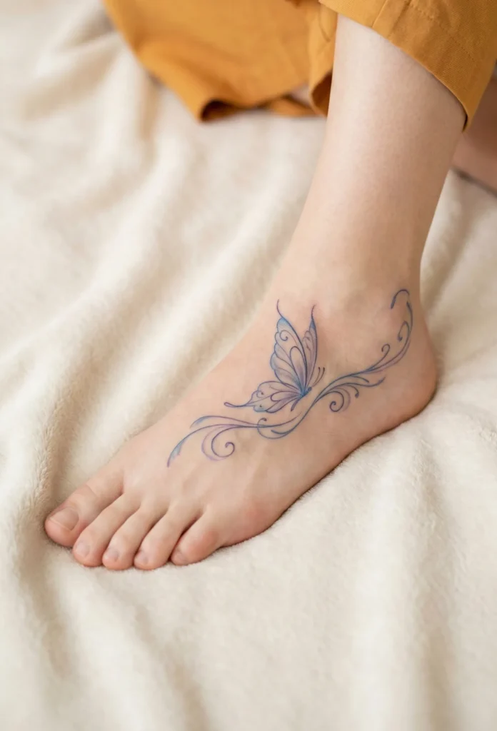 Butterfly Foot Tattoo with Feminine Flow