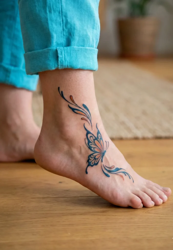 Butterfly Foot Tattoo with Flowing Wing Design