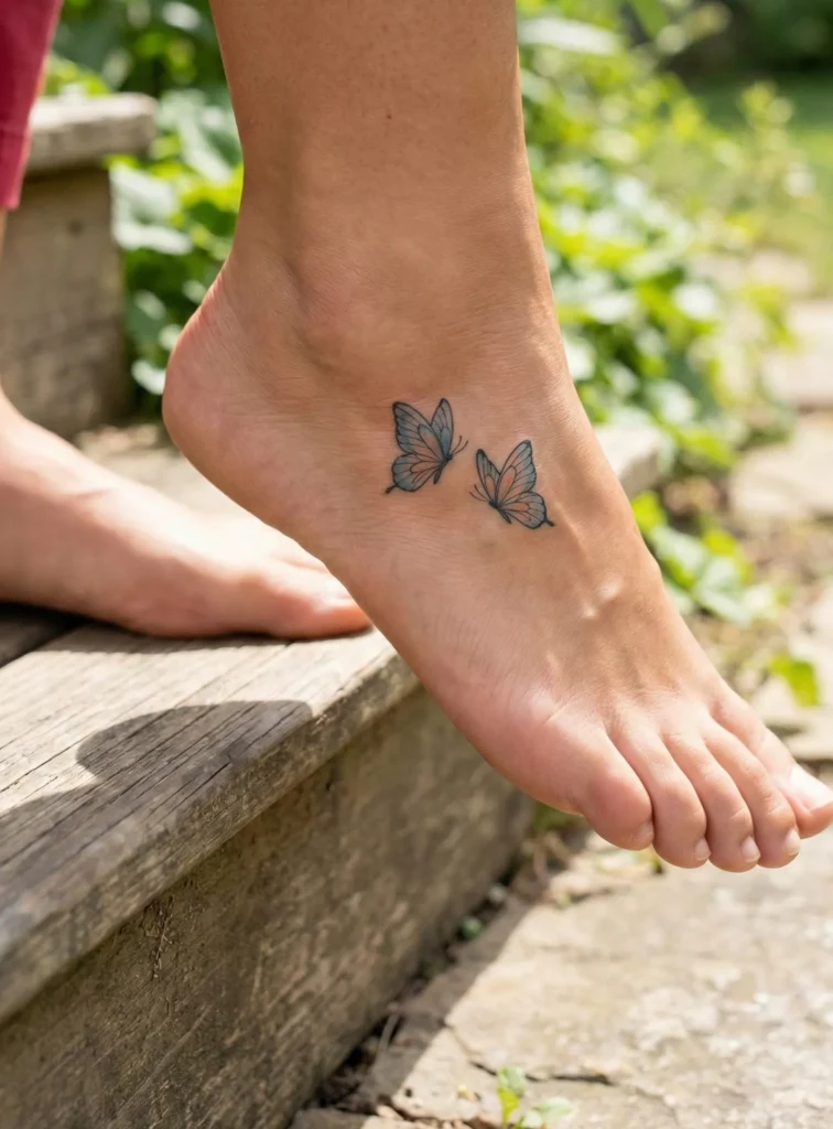 Butterfly Foot Tattoo with Paired Butterflies