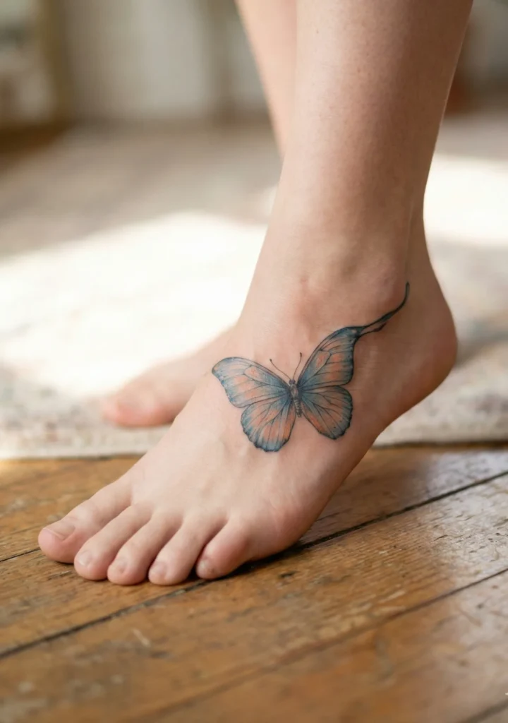 Butterfly Foot Tattoo with Wing Tips Touching Ankle