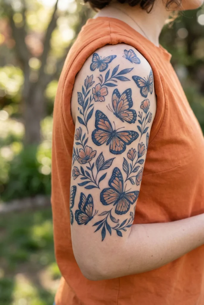 Butterfly Half Sleeve Tattoo with Balanced Composition
