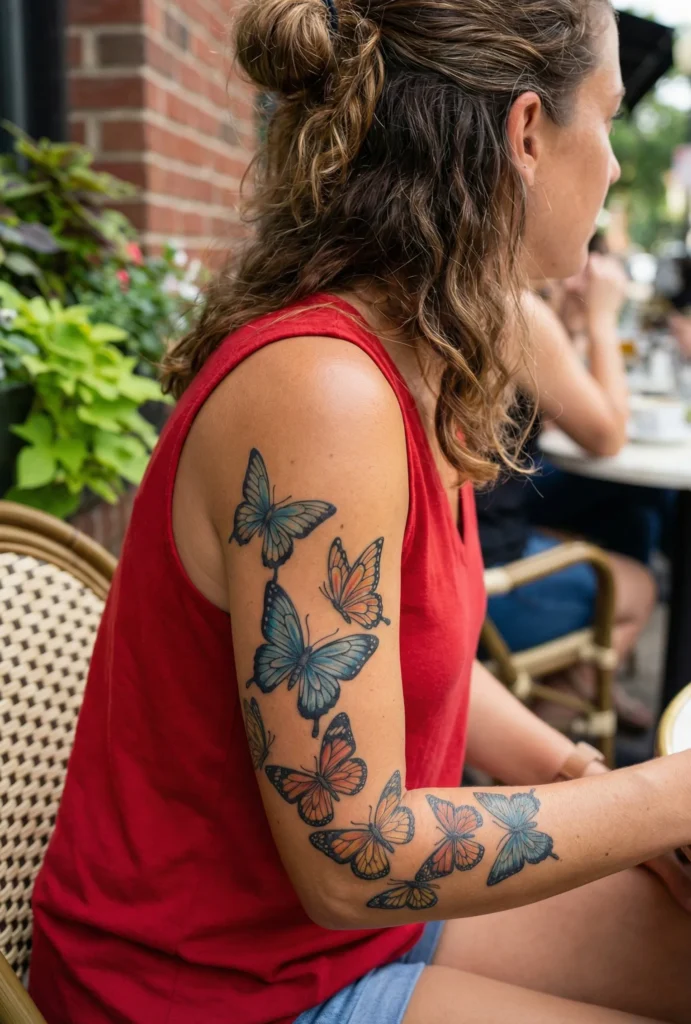 Butterfly Half Sleeve Tattoo with Diagonal Wing Flow