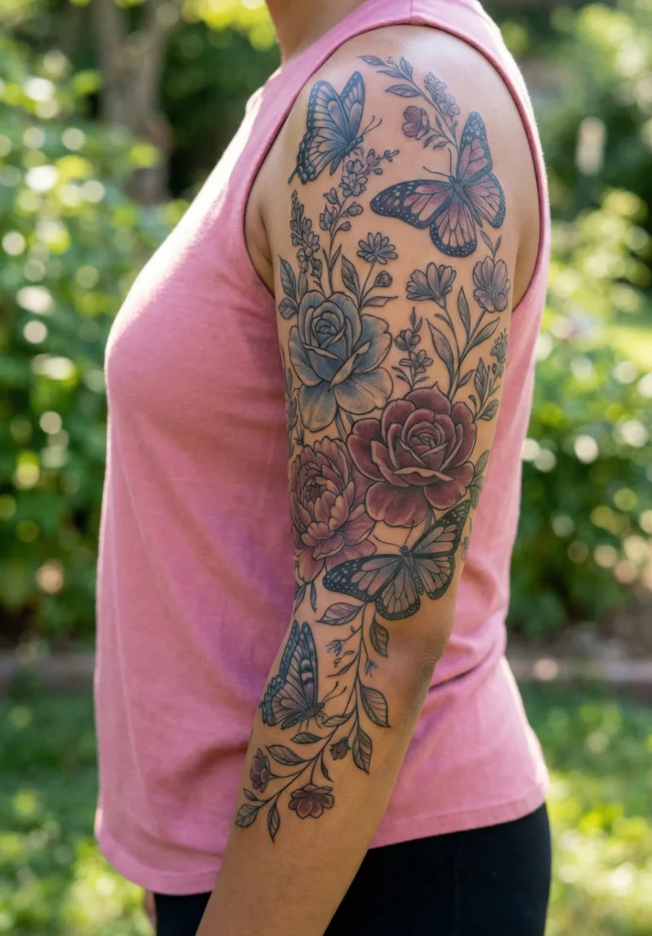 Butterfly Half Sleeve Tattoo with Floral Accents