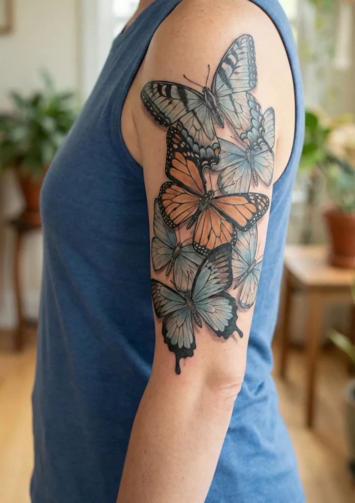 Butterfly Half Sleeve Tattoo with Layered Butterfly Design