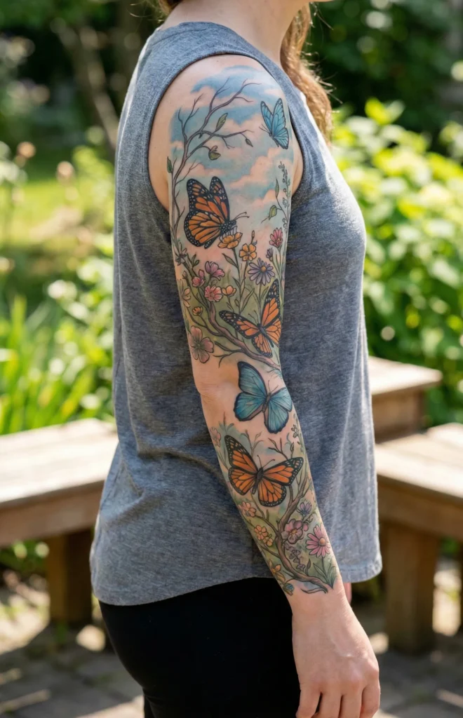 Butterfly Half Sleeve Tattoo with Nature-Inspired Flow