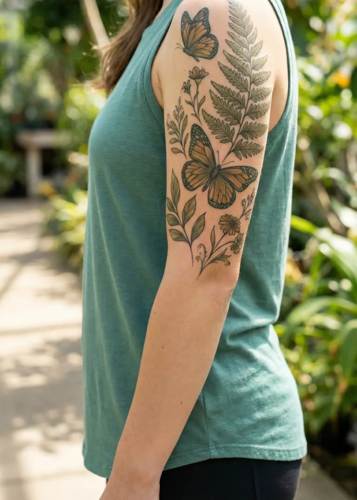 Butterfly Half Sleeve Tattoo with Vertical Arm Alignment