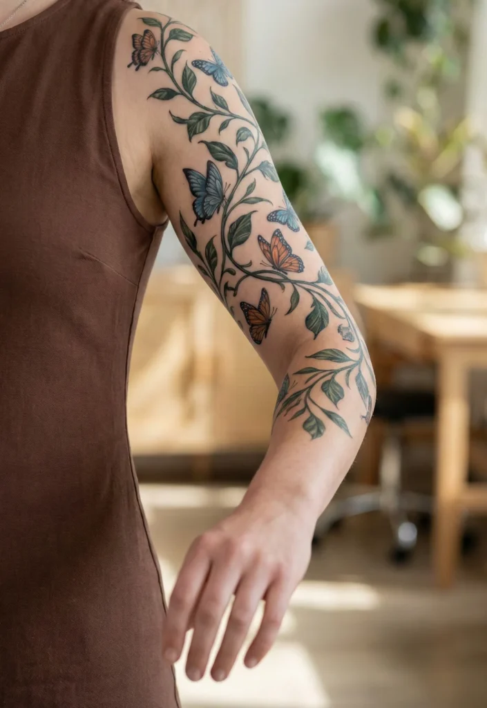 Butterfly Half Sleeve Tattoo with Vine and Leaf Details