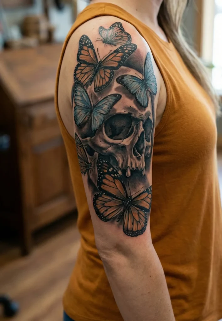 Butterfly Half Sleeve With Skull Element