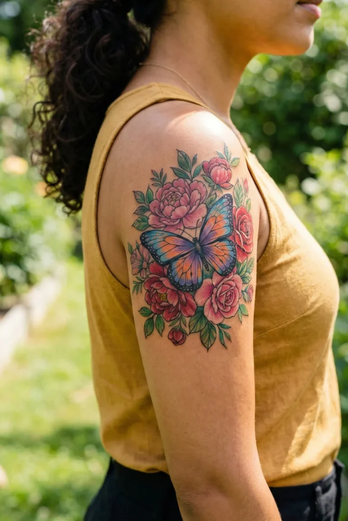 Colourful Butterfly Tattoo with Floral Background Accent