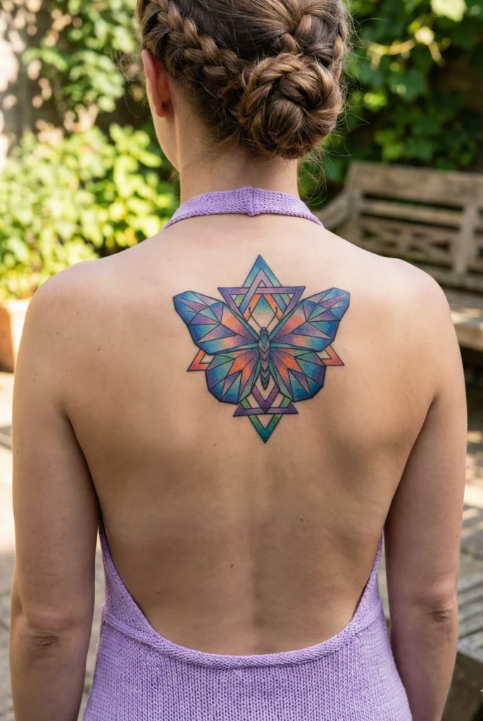 Colourful Butterfly Tattoo with Layered Geometric Patterns