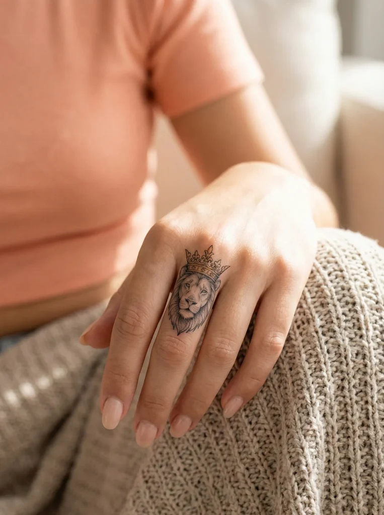Crowned Lion Finger Tattoo